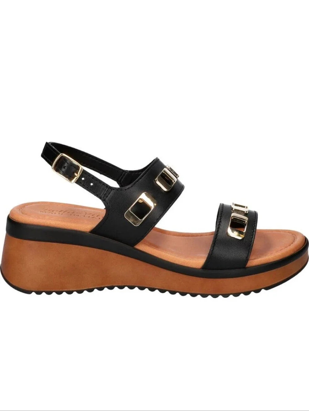 BELLA VITA ITALIAN LEATHER -NEW IN BOX- WEDGE SANDALS BLACK 6.5